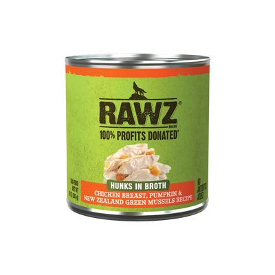 RAWZ Hunks In Broth Chicken Breast, Pumpkin & New Zealand Green Mussels Dog Food Recipe, 10 oz Can