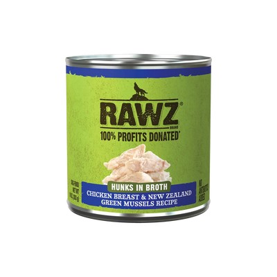 RAWZ Hunks In Broth Chicken Breast & New Zealand Green Mussels Dog Food Recipe, 10 oz Can