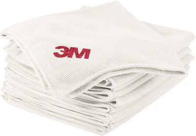 Stack of white 3M Scotch Brite microfiber cloths, front view, close-up