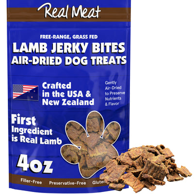 Real Meat Dog Treats - 4oz Bag of Bite-Sized Air-Dried Lamb Jerky for Dogs - Grain-Free Jerky Dog Treats Made up of 95% Human-Grade, Free-Range, Grass Fed Lamb - All-Natural High Protein Dog Treats