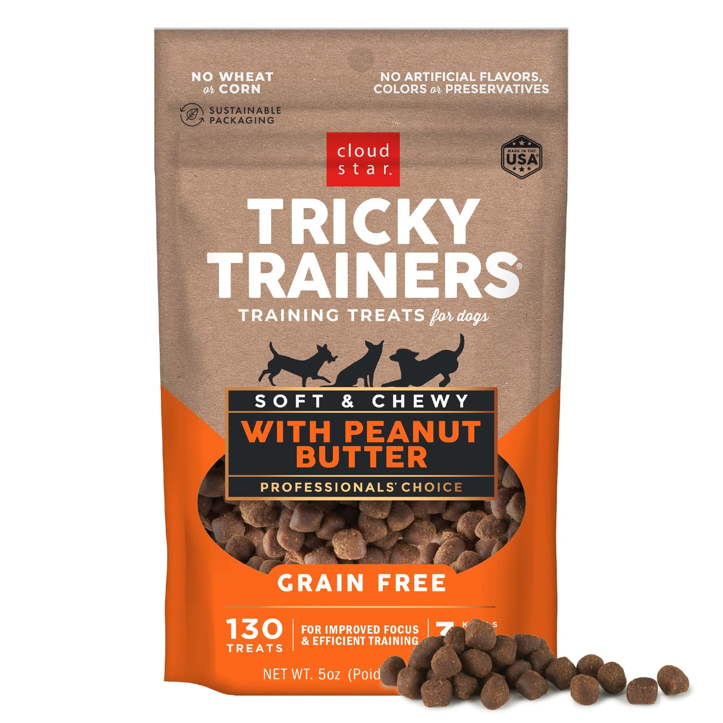 Cloud Star Tricky Trainers Soft & Chewy Dog Training Treats 5 oz Pouch, Peanut Butter Flavor, Grain-Free Low Calorie Behavior Aid with 130 treats