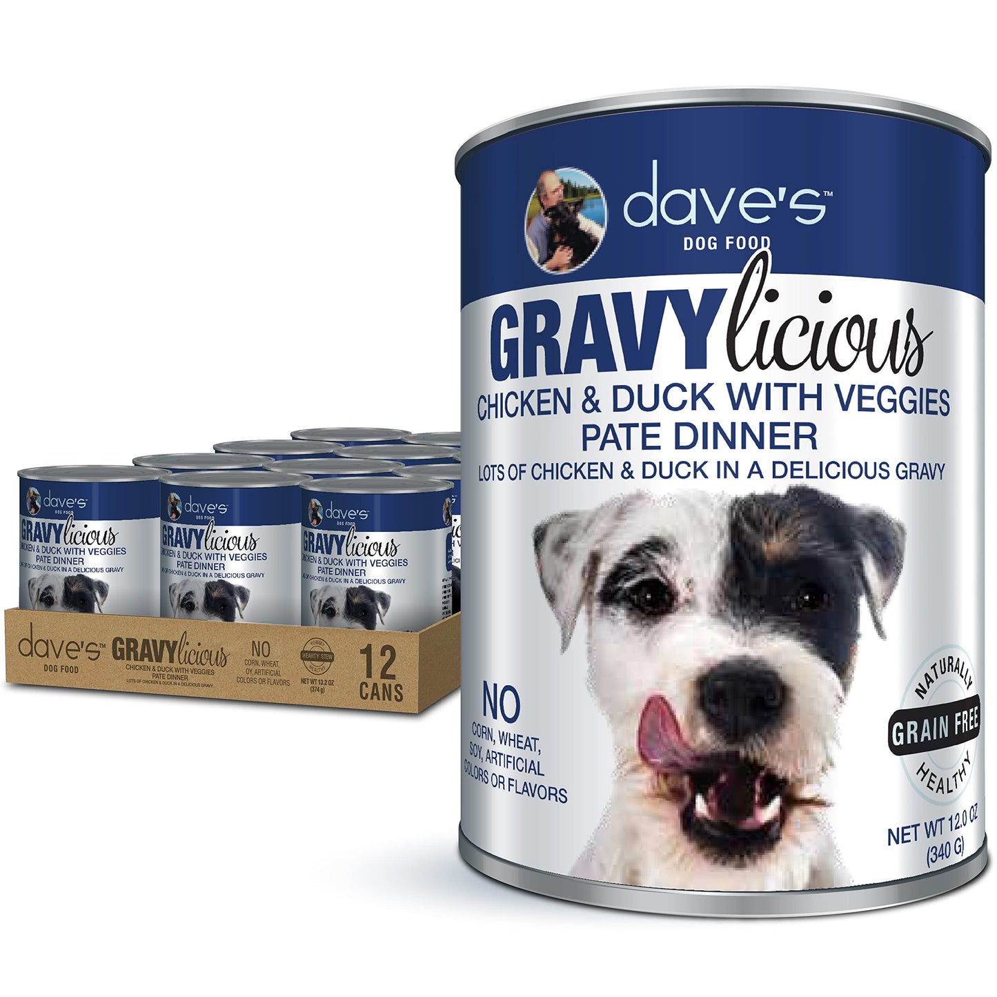 Dave's Pet Food Gravylicous Soft Wet Dog Food for Small & Large Dogs (Chicken & Duck with Veggies), Grain Free Canned Dog Food, Added Vitamins & Minerals, Wheat & Gluten-Free, 12oz Cans (Case of 12)