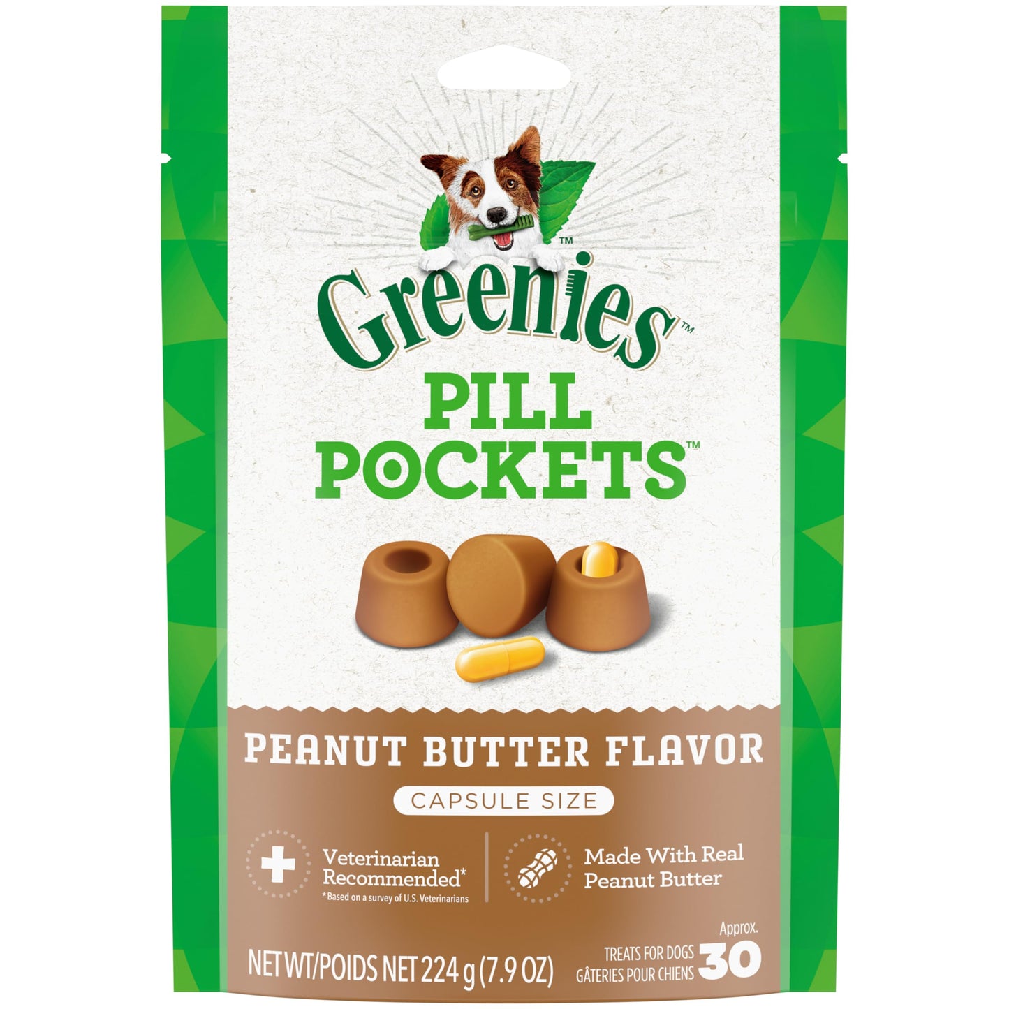 GREENIES PILL POCKETS for Dogs Capsule Size Natural Soft Dog Treats with Real Peanut Butter, 7.9 oz. Pack (30 Treats)