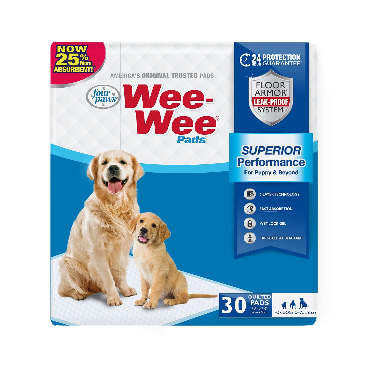 Four Paws Wee-Wee Superior Performance Pee Pads for Dogs of All Sizes, Leak-Proof Floor Protection Dog & Puppy Quilted Potty Training Pads, Unscented, 22" x 23" (30 Count)