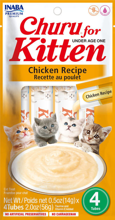 INABA Churu for Kittens, Grain-Free Creamy, PurÃ©e Lickable Cat Treats with DHA, EPA, Vitamin E & Taurine, 0.5 Ounces Each, 4 Tubes (1 Pack), Chicken Recipe