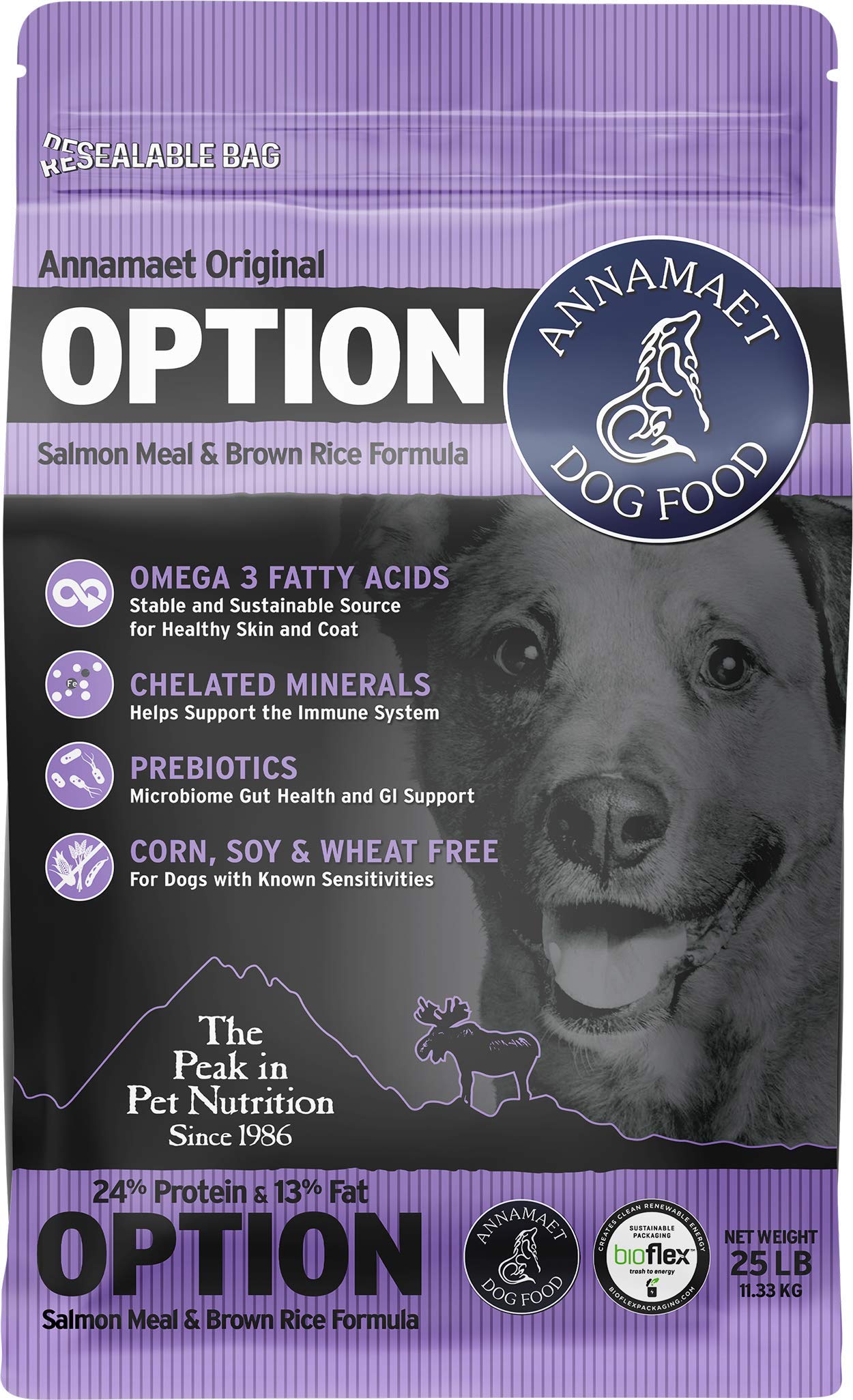 Annamaet Original Option Formula Dry Dog Food, 24% Protein (Salmon & Brown Rice), 25-lb Bag