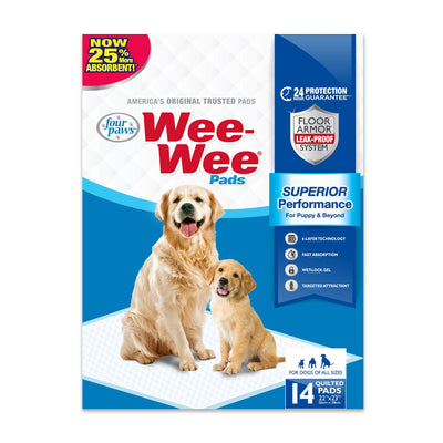 Four Paws Wee-Wee Superior Performance Pee Pads for Dogs of All Sizes, Leak-Proof Floor Protection Dog & Puppy Quilted Potty Training Pads, Unscented, 22" x 23" (14 Count)