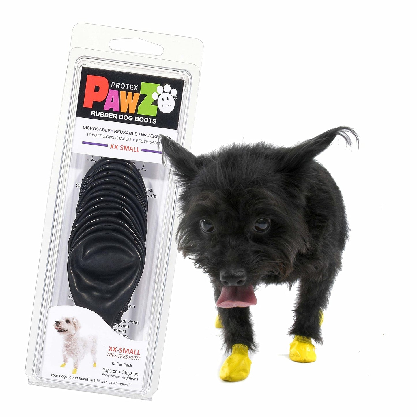 PawZ Rubber Dog Boots for Paws up to 1 1/2", 12 Pack - All-Weather Dog Booties for Hot Pavement, Snow, Mud, and Rain - Waterproof, Anti Slip Dog Socks - XX-Small, Black