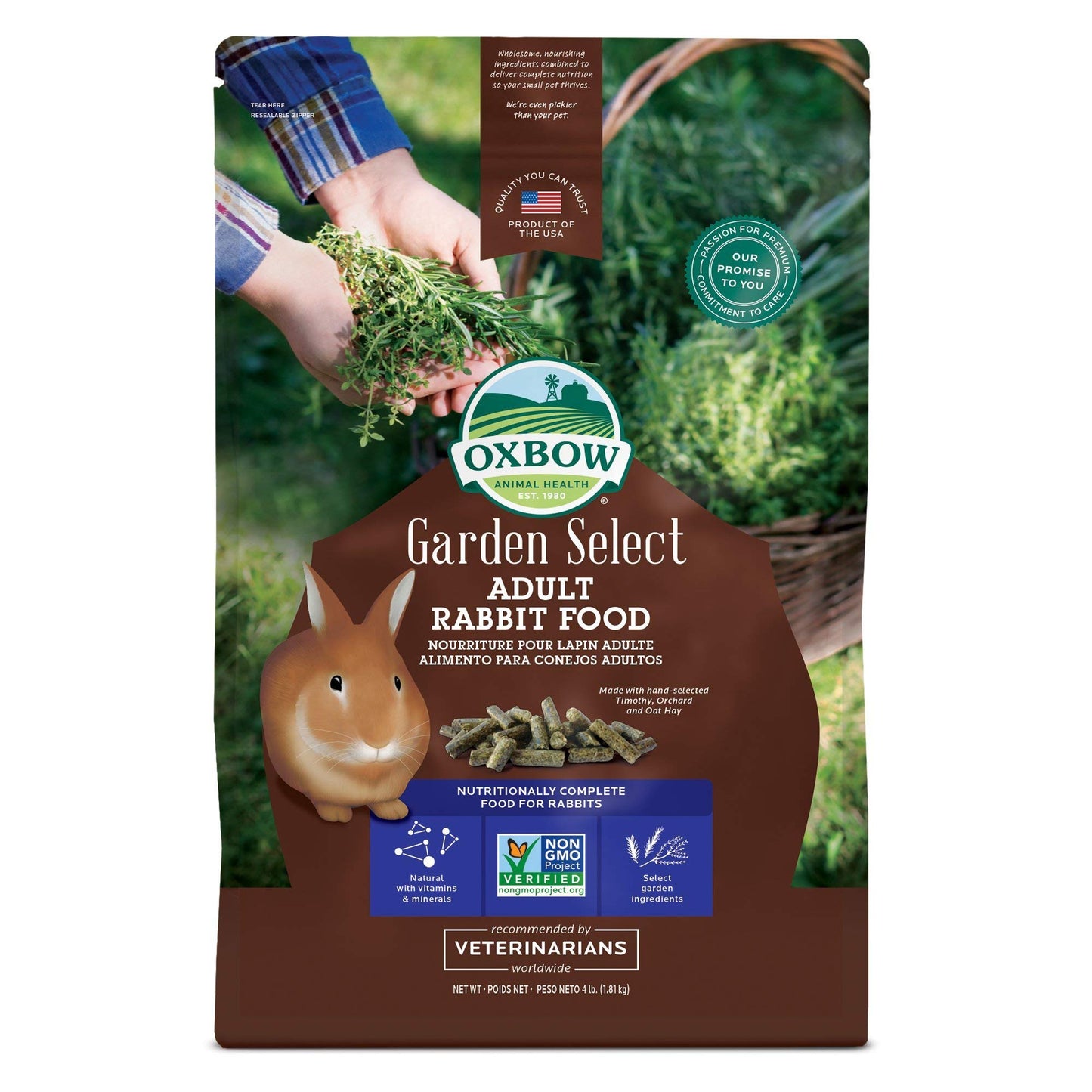 Oxbow Animal Health Garden Select Adult Rabbit Food, Garden-Inspired Recipe for Adult Rabbits, No Soy or Wheat, Non-GMO, Made in The USA, 4 Pound Bag