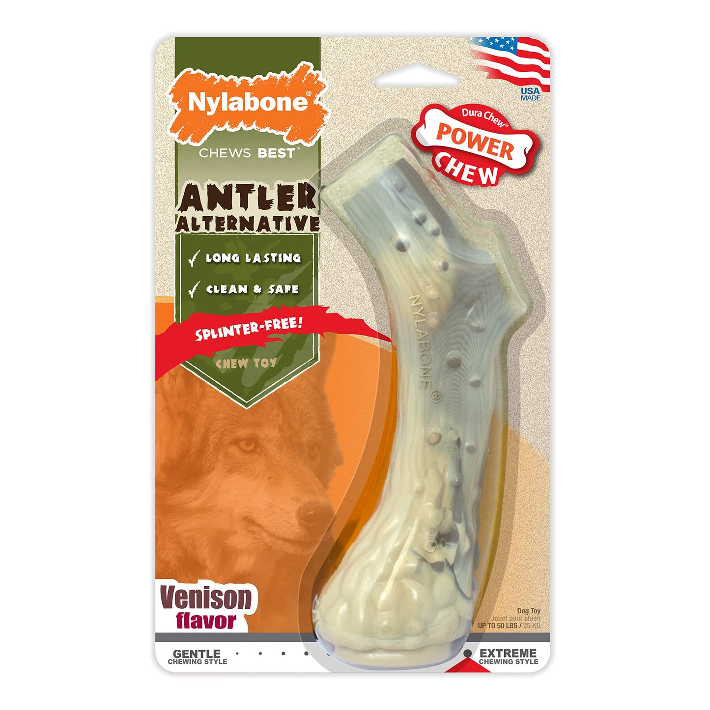 Nylabone Power Chew Antler Alternative Nylon Chew Toy for Dogs, Dog Toys for Aggressive Chewers, Venison Flavor, Large/Giant (1 Count)