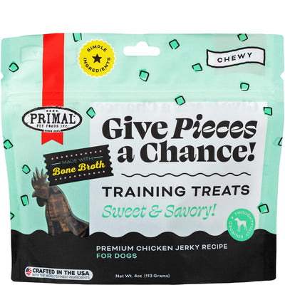 Primal Chicken Jerky Dog Treats Made with Broth, Give Pieces a Chance Training Treat for Dogs, 4 oz