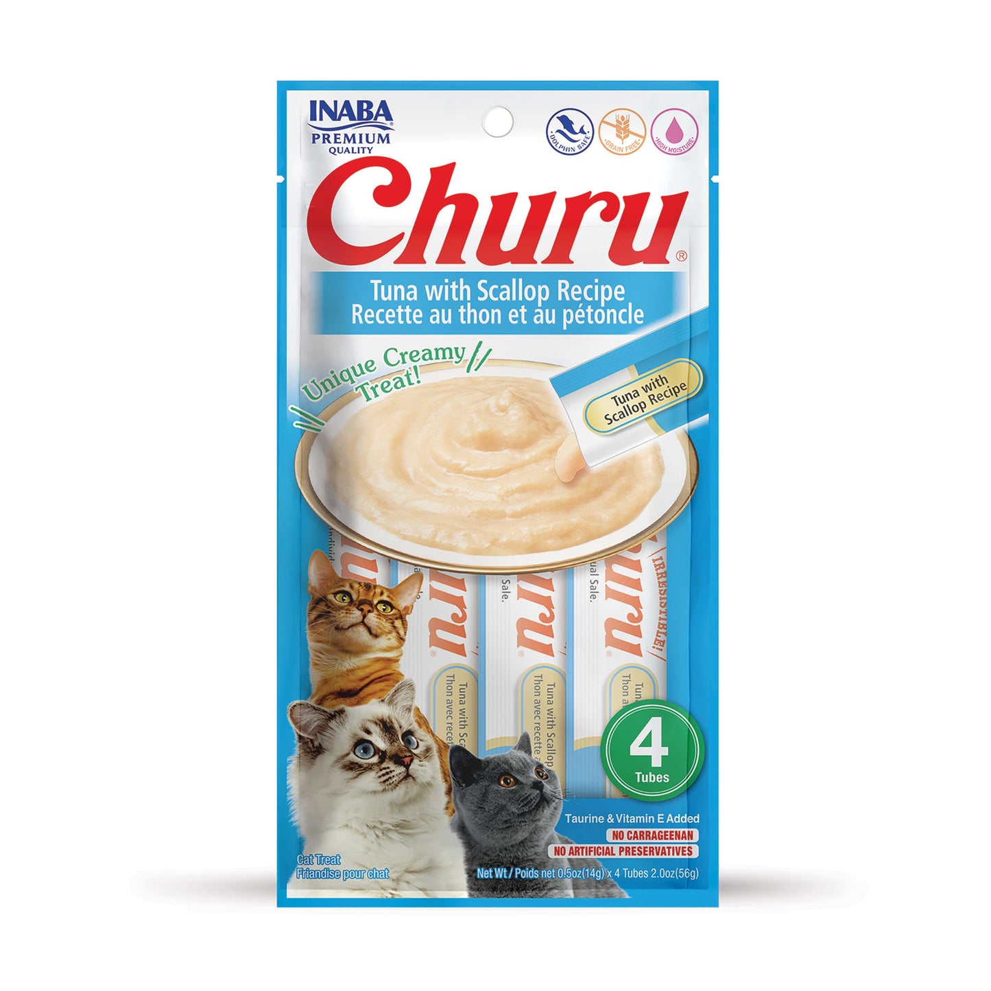 INABA Churu Cat Treats, Grain-Free, Lickable, Squeezable Creamy Purée Cat Treat/Topper with Vitamin E & Taurine, 0.5 Ounces Each Tube, 4 Tubes, Tuna with Scallop Recipe