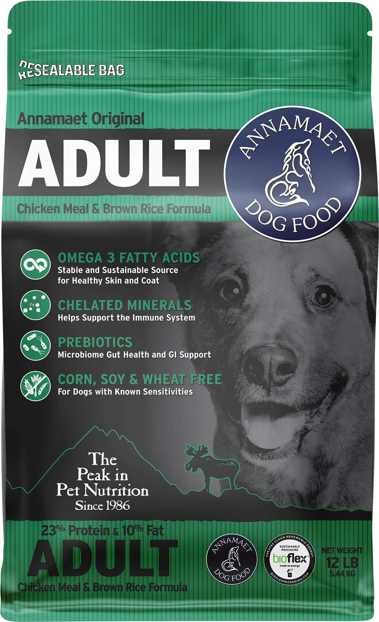 Annamaet Original Adult Formula Dry Dog Food, 23% Protein (Chicken & Brown Rice), 12-lb Bag