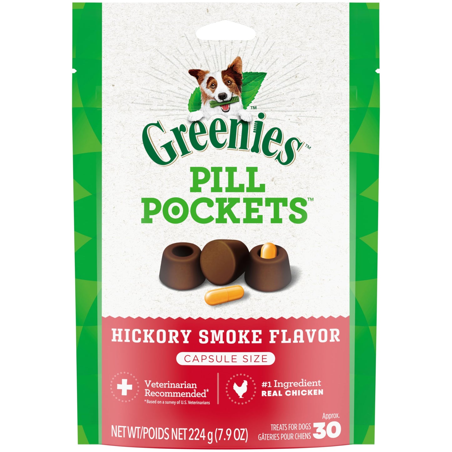 Greenies Pill Pockets for Dogs Capsule Size Natural Soft Dog Treats, Hickory Smoke Flavor, 7.9 oz. Pack (30 Treats)