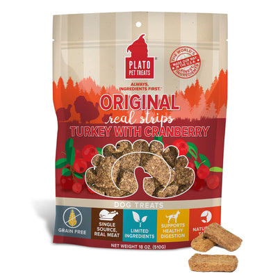 PLATO Turkey Real Strips Natural Dog Treats - Real Meat - Air Dried - Made in the USA - Turkey & Cranberry, 18 ounces