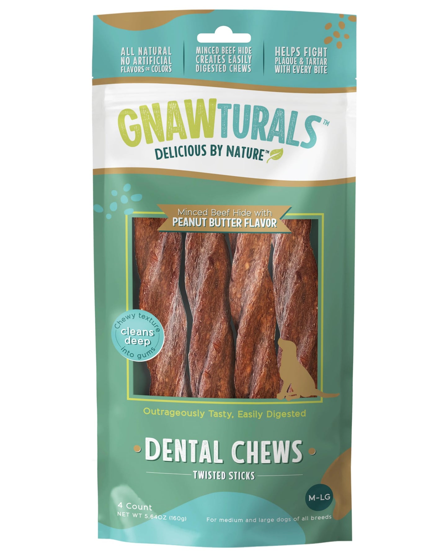 Gnawturals Dental Chews Twisted Sticks | for Large Dogs |Natural Scrubbing Action to Fight Plaque and Tartar While Refreshing Your Dog's Breath (4 Sticks, Peanut Butter)