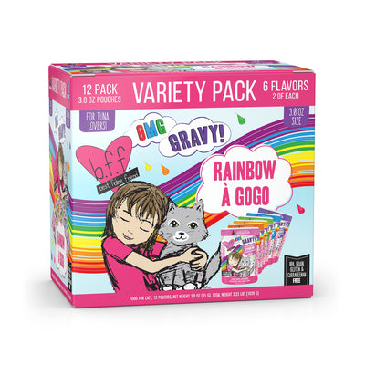 Weruva B.F.F. OMG - Best Feline Friend Oh My Gravy!, Rainbow A Gogo Variety Pack! Cat Food, 3oz Pouch (Pack of 12)