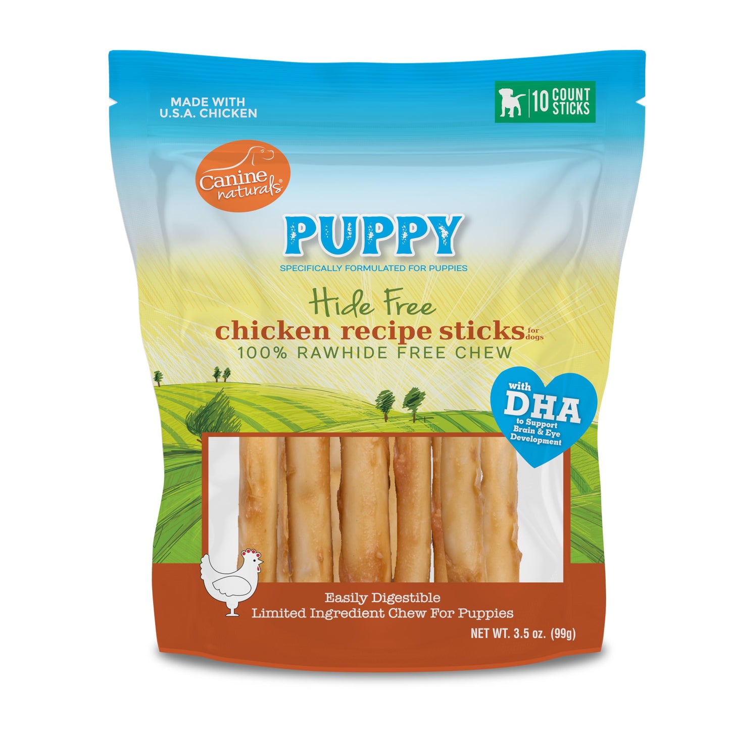 Canine Naturals Puppy Chicken and Rice Chew - Rawhide Free Puppy Treats - Made with USA Chicken - All-Natural & Easily Digestible - 10 Pack of 5-Inch Sticks for Puppies