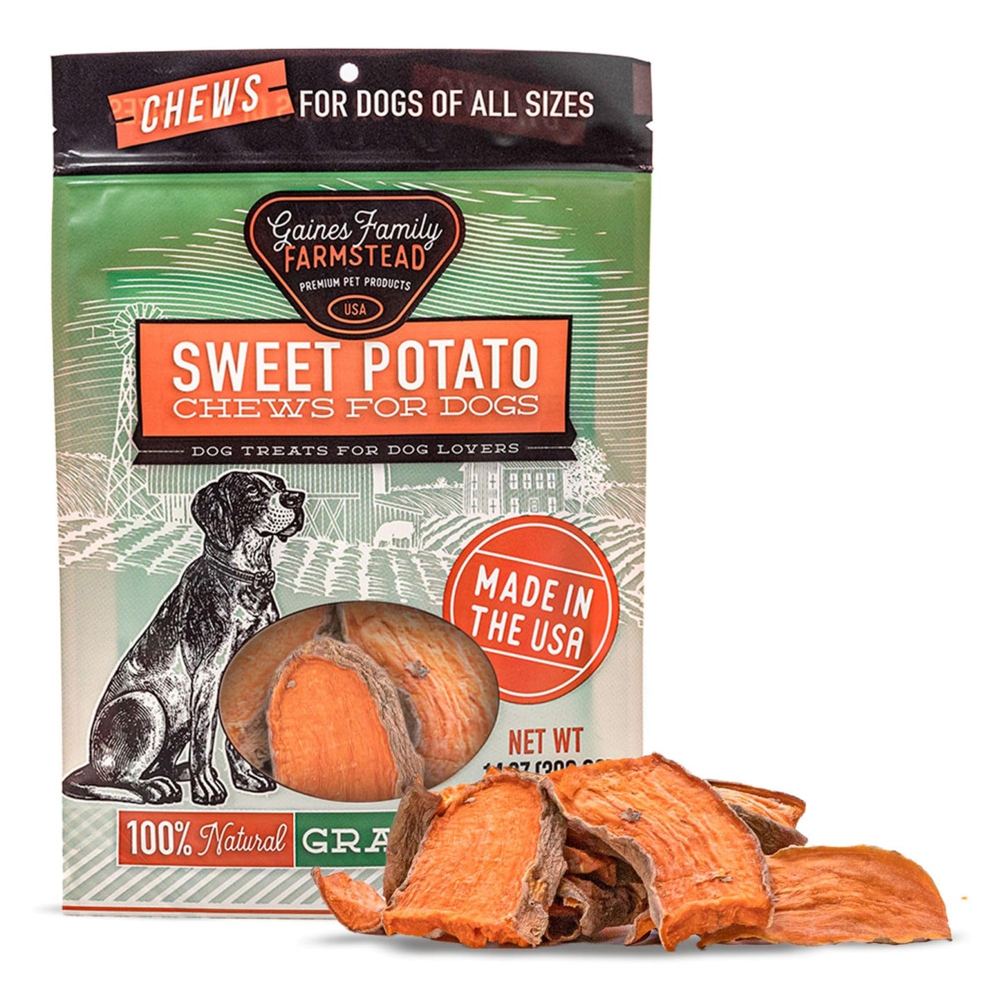 Gaines Family Farmstead Sweet Potato Chews, Dog Treats Made in The USA, High in Fiber, Grain Free, No Preservatives, Vegetarian Alternative to Rawhide Chews, Rich in Vitamins, 14 Ounce Bag