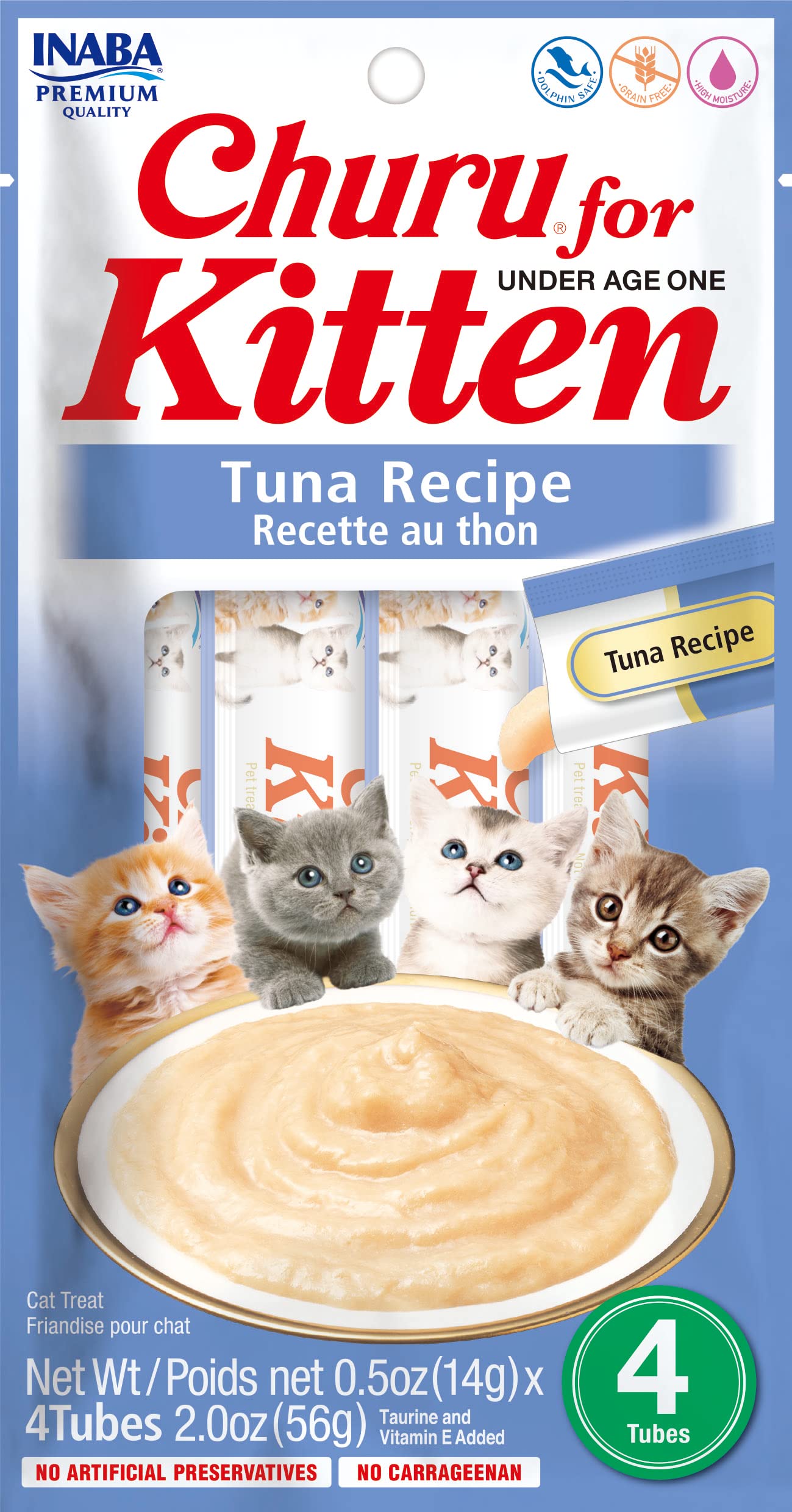 INABA Churu for Kittens, Grain-Free Creamy, PurÃ©e Lickable Cat Treats with DHA, EPA, Vitamin E & Taurine, 0.5 Ounces Each, 4 Tubes (1 Pack), Tuna Recipe