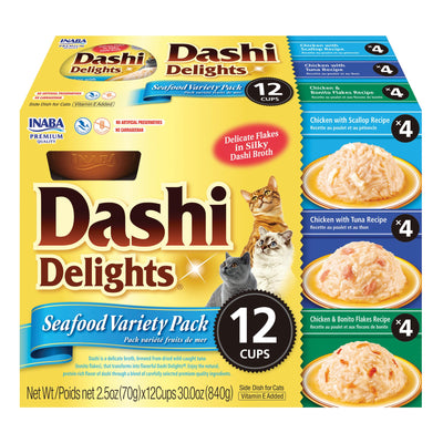 INABA Dashi Delights for Cats, Shredded Chicken with Bonito Flake Broth, 2.5 Ounce Cup, 12 Cups Total, Seafood Variety