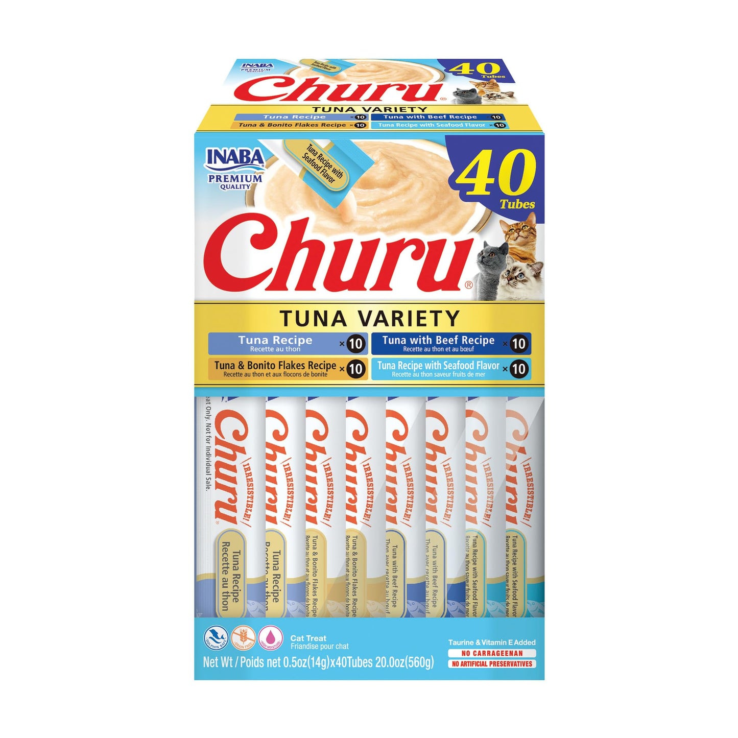 INABA Churu Cat Treats, Grain-Free, Lickable, Squeezable Creamy Purée Cat Treat/Topper with Vitamin E & Taurine, 0.5 Ounces Each Tube, 40 Tubes, Tuna Variety Box