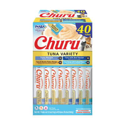 INABA Churu Cat Treats, Grain-Free, Lickable, Squeezable Creamy Purée Cat Treat/Topper with Vitamin E & Taurine, 0.5 Ounces Each Tube, 40 Tubes, Tuna Variety Box