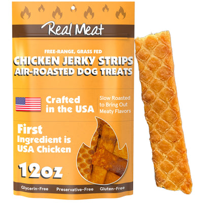 Real Meat Dog Treats - 12oz Bag of Human-Grade Air-Roasted Strips of USA Chicken Jerky for Dogs - Grain-Free, All-Natural Chicken Jerky Dog Treats Made w/Free-Range, Cage-Free USA Chicken