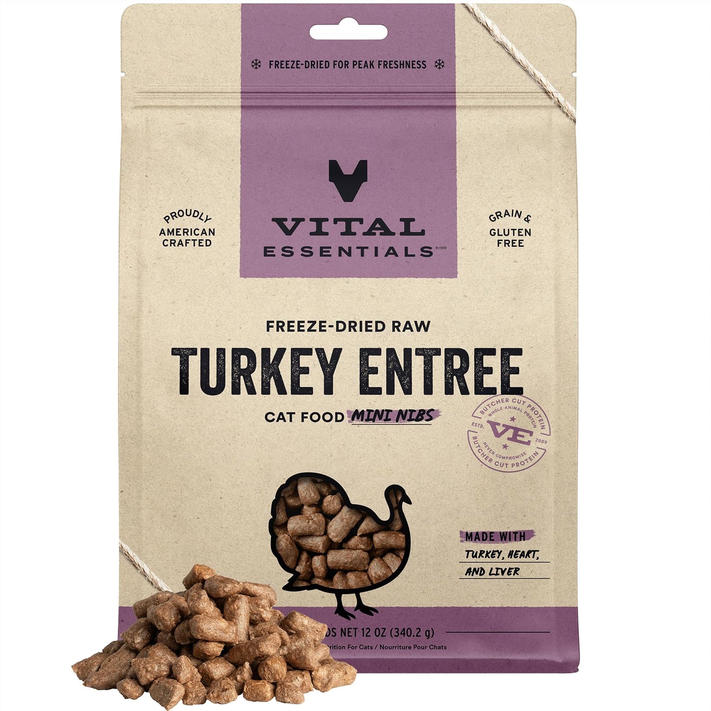 Vital Essentials Freeze Dried Raw Cat Food, Turkey Mini Nibs Entree, 12 oz