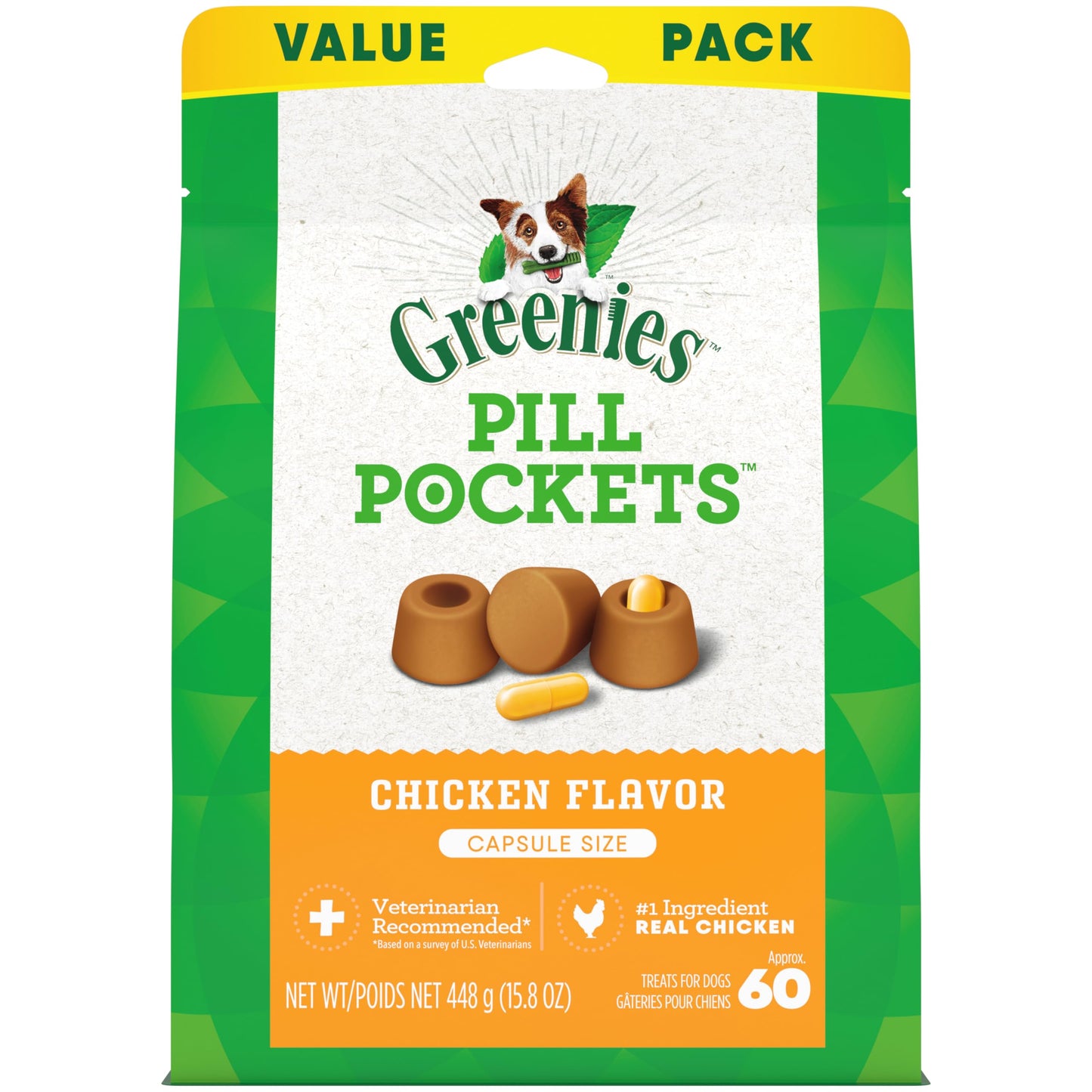 Greenies Pill Pockets for Dogs Capsule Size Natural Soft Dog Treats Chicken Flavor, 15.8 oz. Pack (60 Treats)