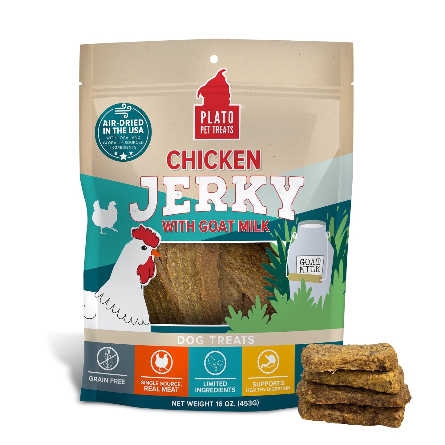 PLATO Pet Treats Air Dried, Real Meat, Chicken Jerky with Goat's Milk Dog Treats, 16oz, Made in The USA, Grain Free