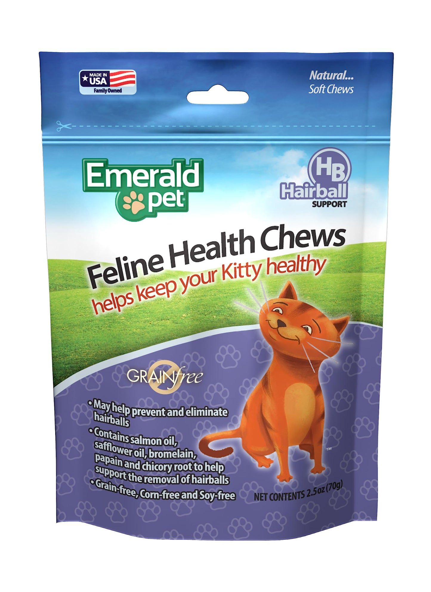 Emerald Pet Feline Health Chews Hairball Support - Natural Grain Free Feline Hairball Control Chews - Hairball Control Cat Supplements for Hairball Prevention and Elimination - Made in USA, 2.5 oz