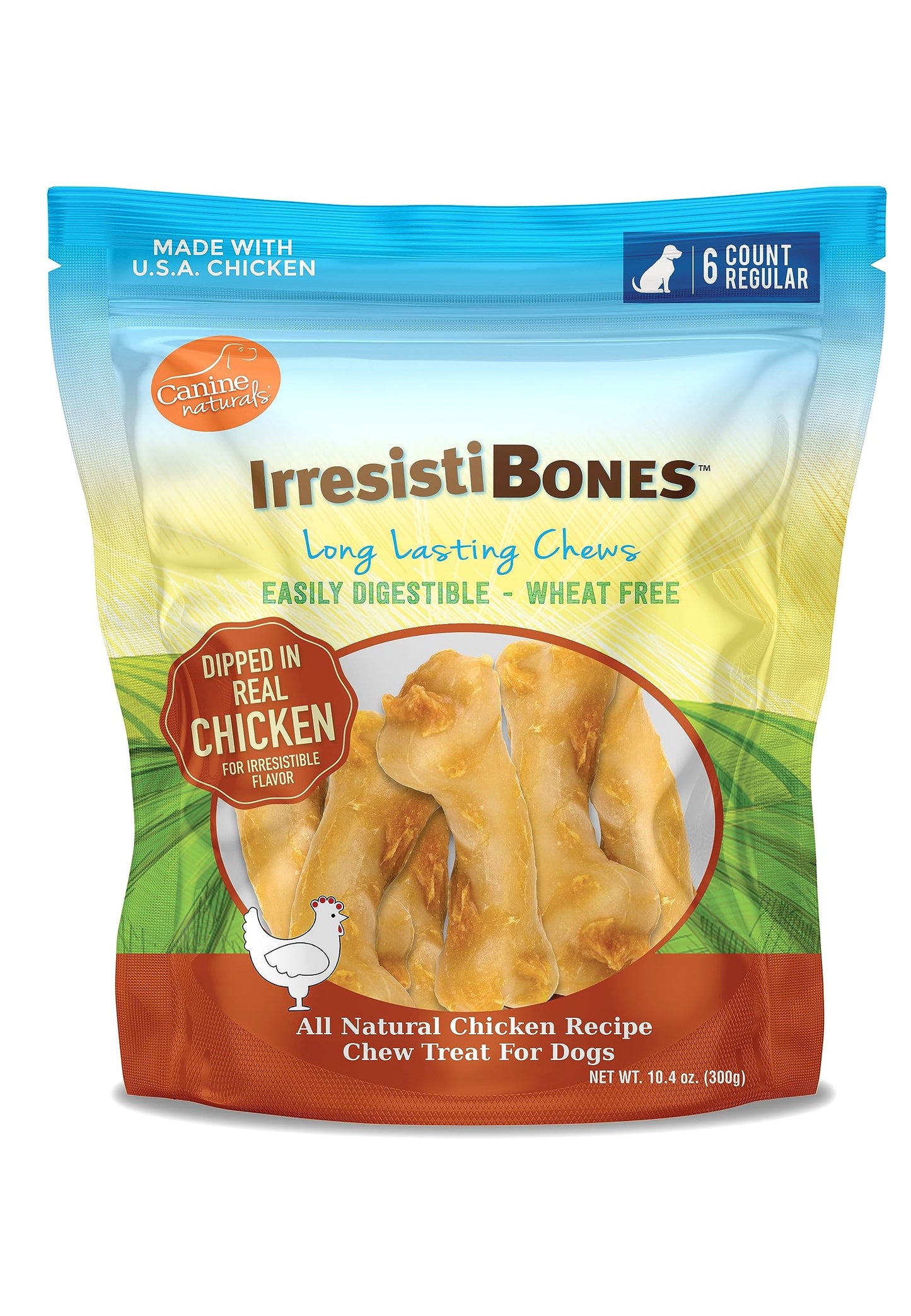 Canine Naturals IrresistiBONES Long Lasting Chicken Chew - Made from USA Raised Chicken - with A Real Meat Coating - All Natural and Easily Digestible - 6 Pack