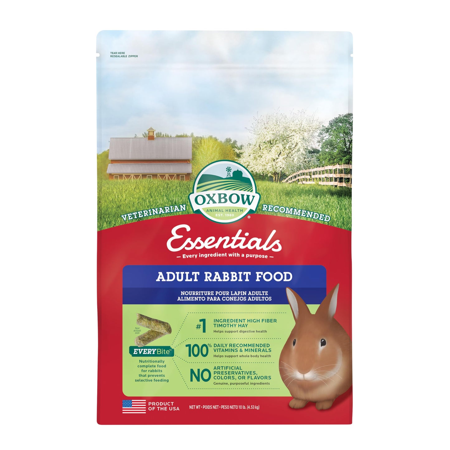 Oxbow Essentials Adult Rabbit Food - All Natural Adult Rabbit Pellets - Veterinarian Recommended- No Seeds, Fruits, or Artificial Ingredients- All Natural Vitamins & Minerals- Made in the USA- 10 lb.