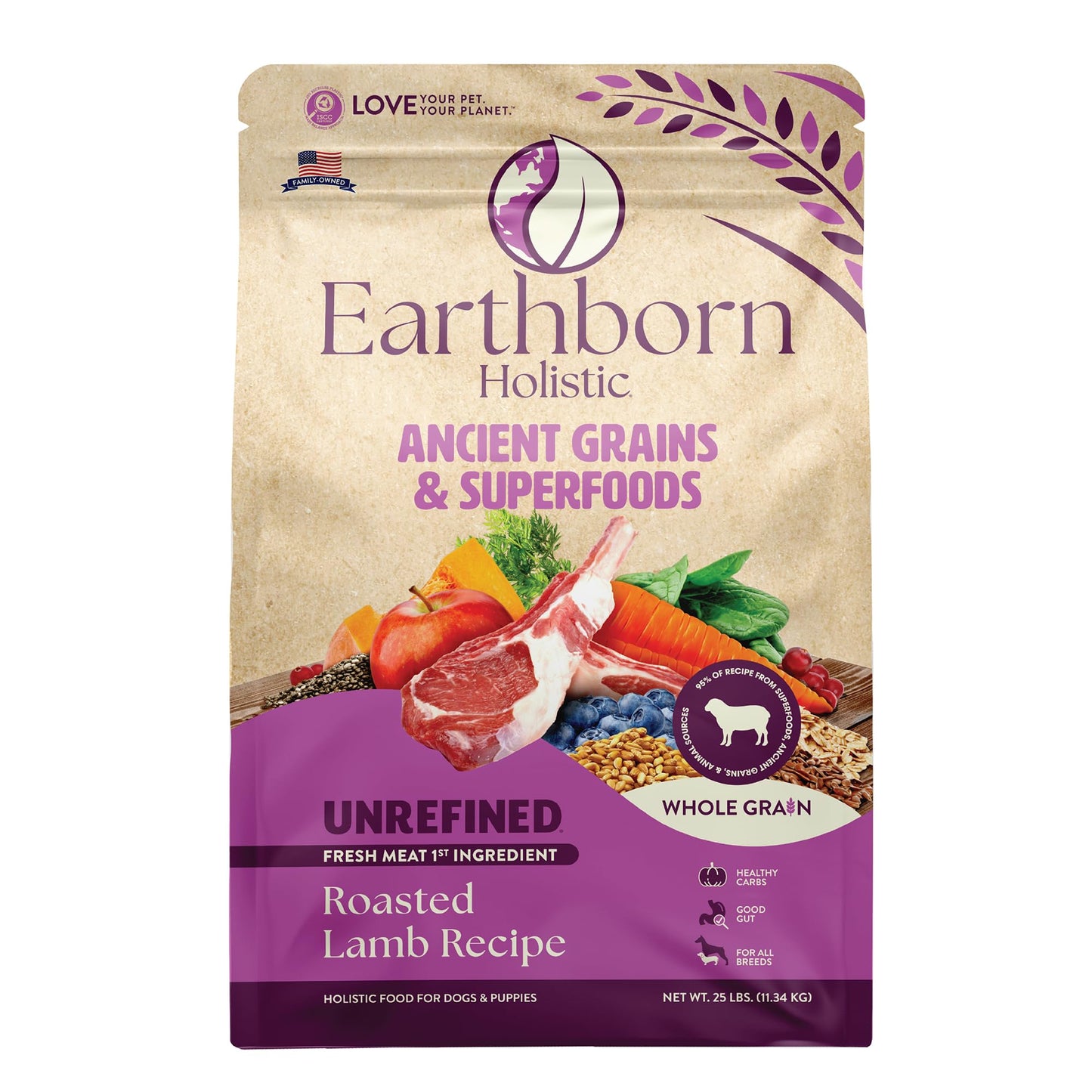 Earthborn Holistic Unrefined Roasted Lamb Recipe with Ancient Grains & Superfoods Dry Dog Food (25 Pounds)