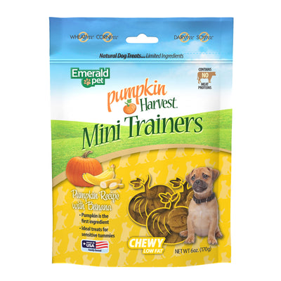 Emerald Pet Pumpkin Harvest Mini Trainers Pumpkin with Banana Chewy Dog Treats Made in The USA, Pumpkin with Banana 6oz (Banana Mini)