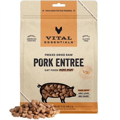 Vital Essentials Freeze Dried Raw Cat Food, Pork Mini Nibs Entree, 12 oz