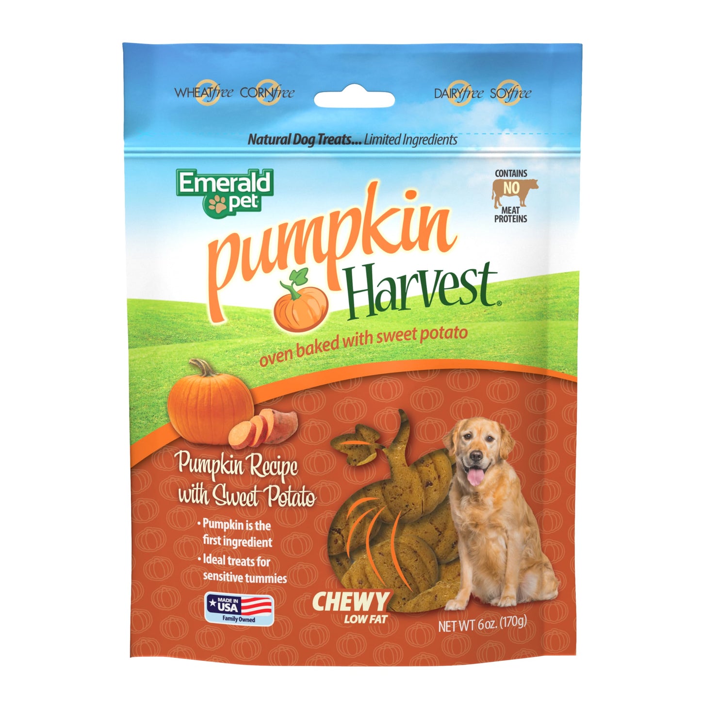 Emerald Pet Pumpkin Harvest Pumpkin Dog Treats - Low-Fat Chewy Natural Dog Treats with Pumpkin for Digestive Health - Meat Free, Poultry Free, Wheat Free Dog Treats - Sweet Potato, 6 oz