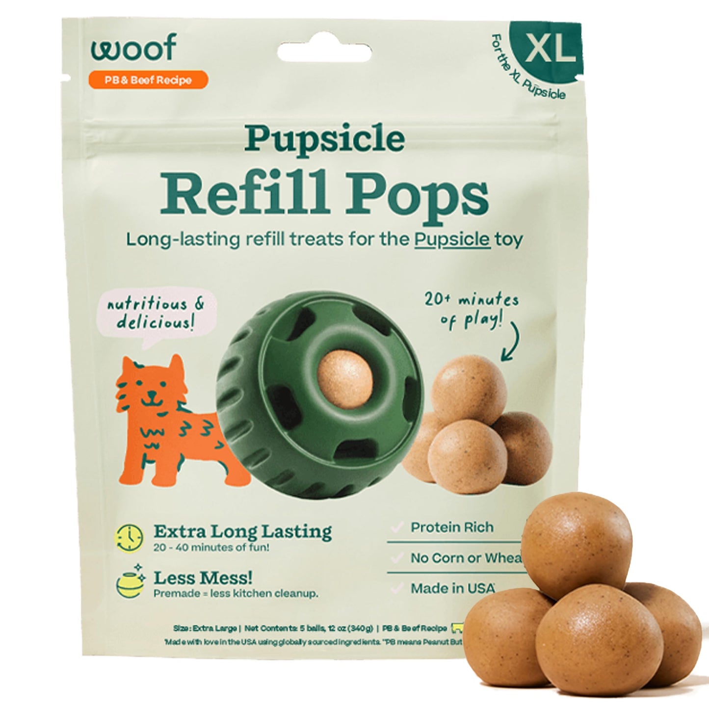 WOOF Pupsicle Refill Pops - Low-Mess Dog Snacks - with Peanut Butter and Beef - Dog Treats - Long Lasting - XL Pops - 5 Count