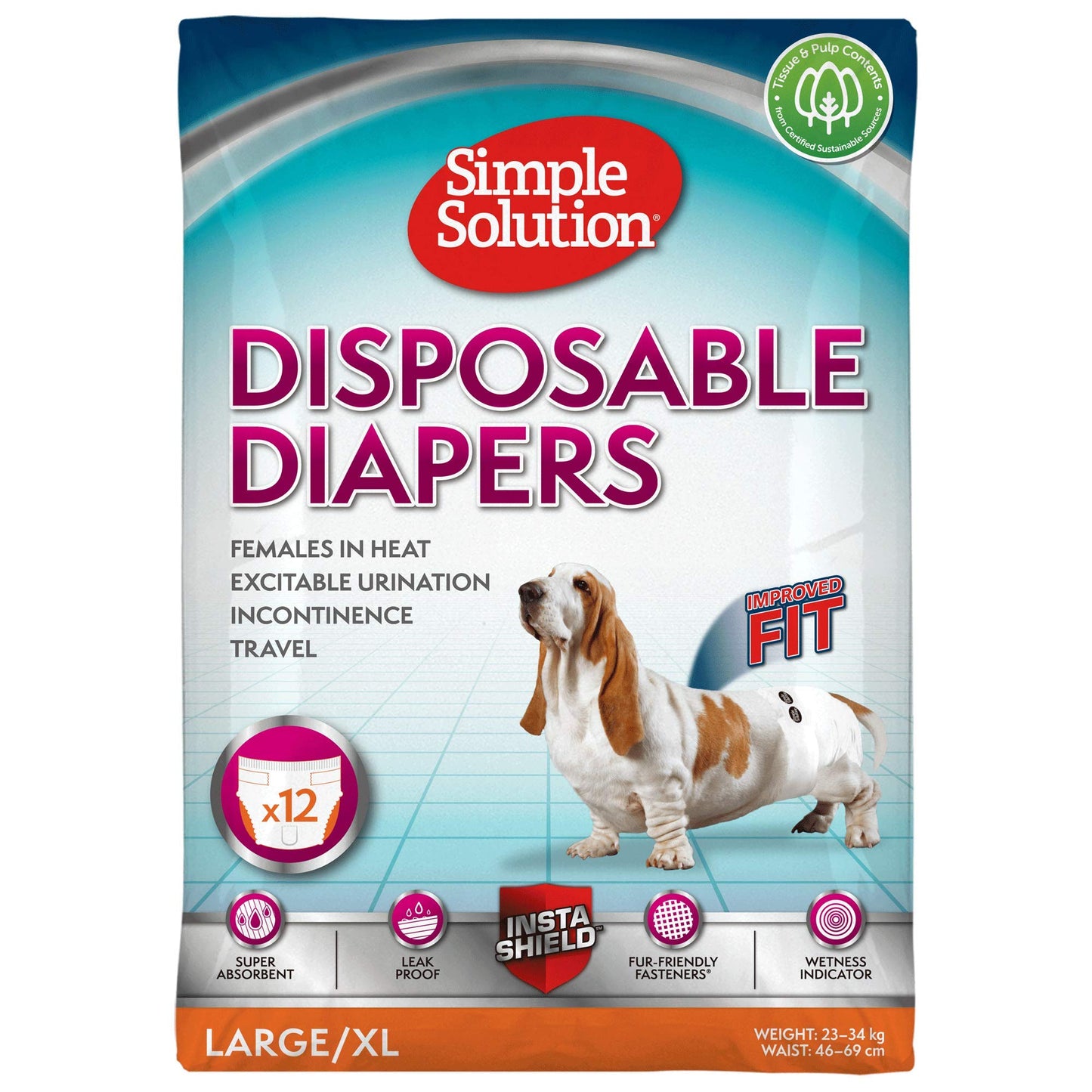 Simple Solution Disposable Dog Diapers for Female Dogs | Super Absorbent Leak-Proof Fit | Large | 12 Count (Pack of 1)