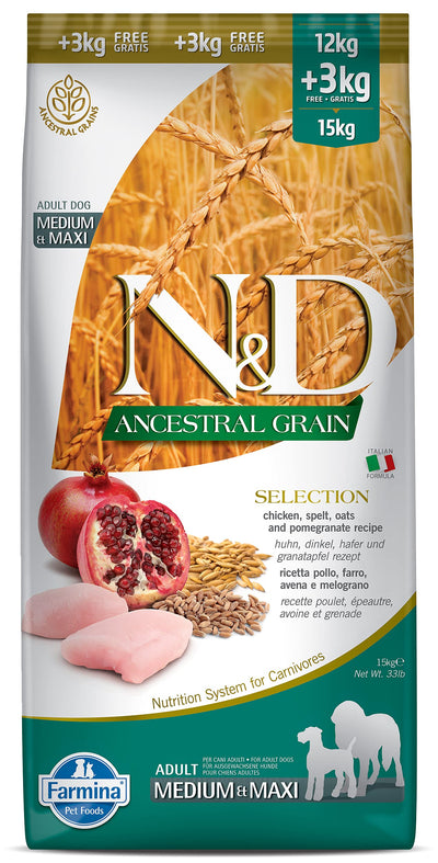 Farmina Natural and Delicious Ancestral Grain Adult Medium Maxi Chicken Spelt Oats and Pomegranate Recipe Adult Dog Dry Food 33 pounds