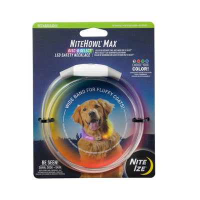 Nite Ize NiteHowl Max Rechargeable LED Safety Necklace - Dog Accessories for Long & Fluffy Coats - LED Glow Necklace for Dogs - Disc-O Select