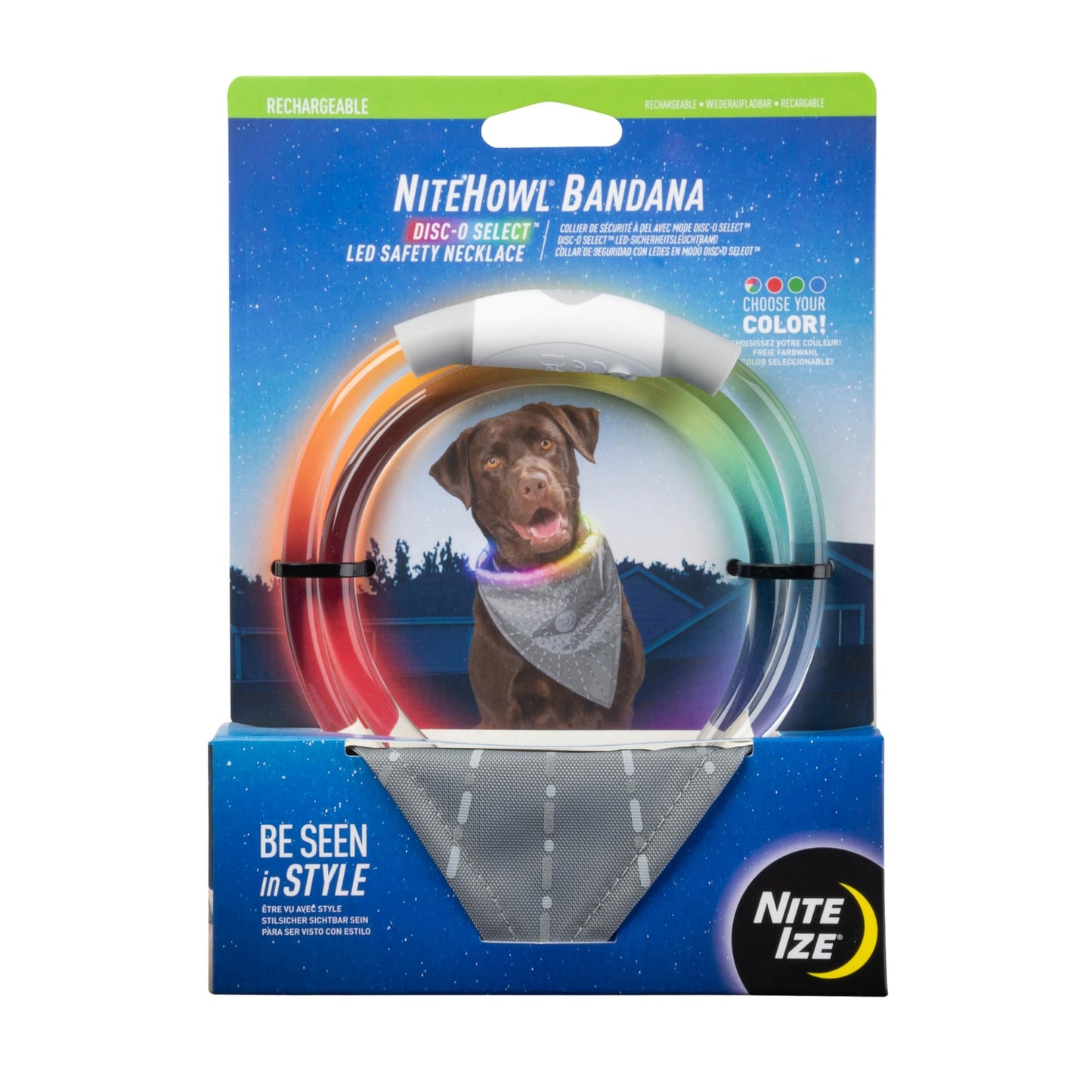 Nite Ize NiteHowl Bandana Rechargeable LED Safety Necklace - Adjustable Dog Accessories for Safety - Dog Collar with LED Light & Reflective Bandana - Dog & Puppy Supplies - Grey