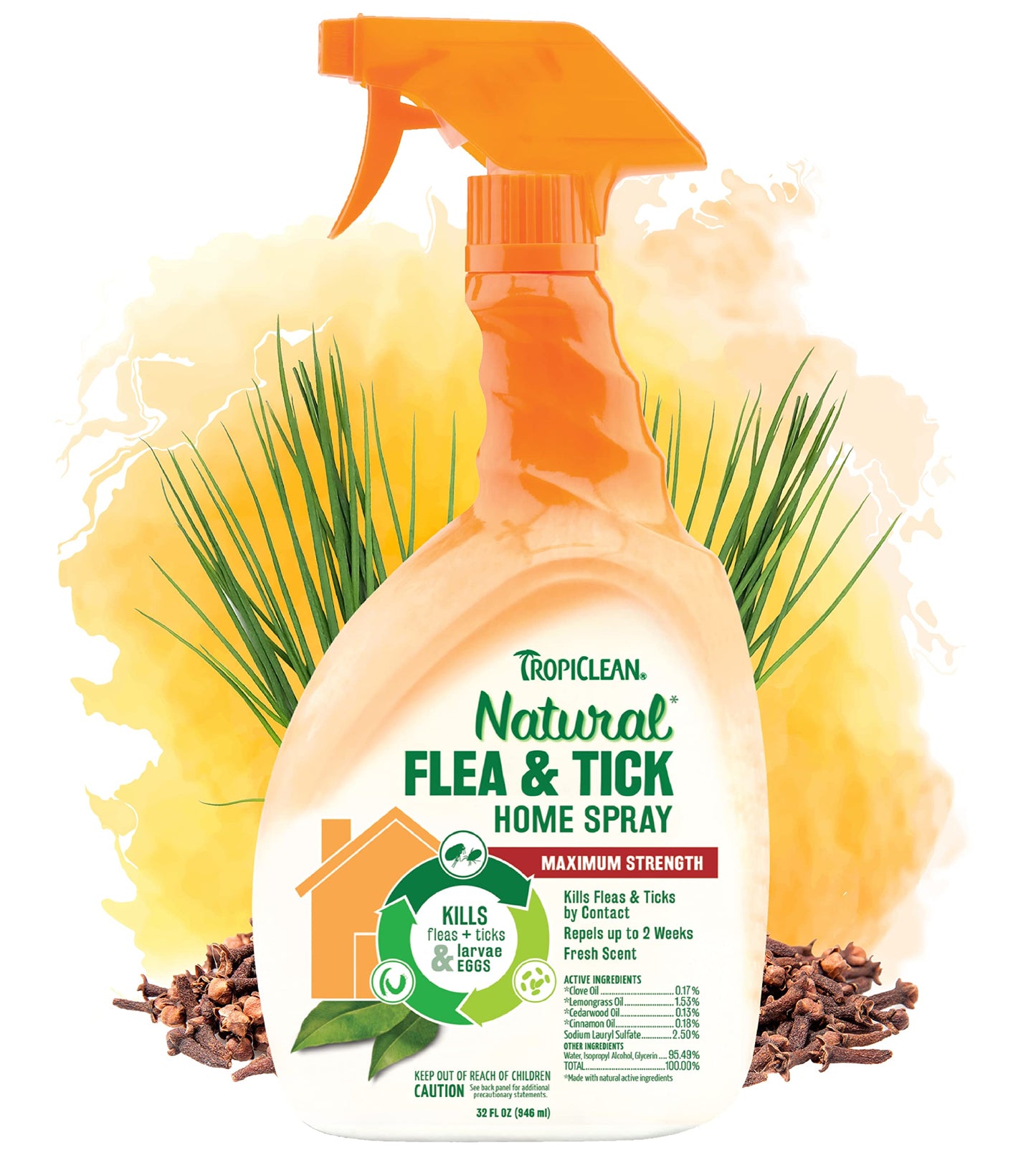 TropiClean Natural Flea and Tick Spray for Home | Maximum Strength Flea Spray for Carpet and Furniture | Family-Friendly & Safe | Made in the USA | 32oz