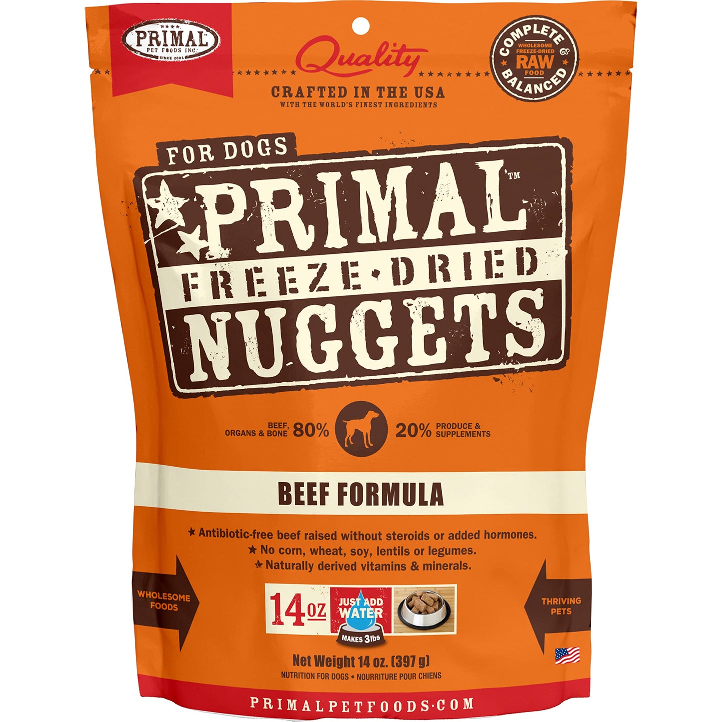 Primal Freeze Dried Raw Dog Food Nuggets, Beef, Complete & Balanced Meal, Also Use as Topper or Treat, Premium, Healthy, Grain Free, High Protein Raw Dog Food, 14 oz