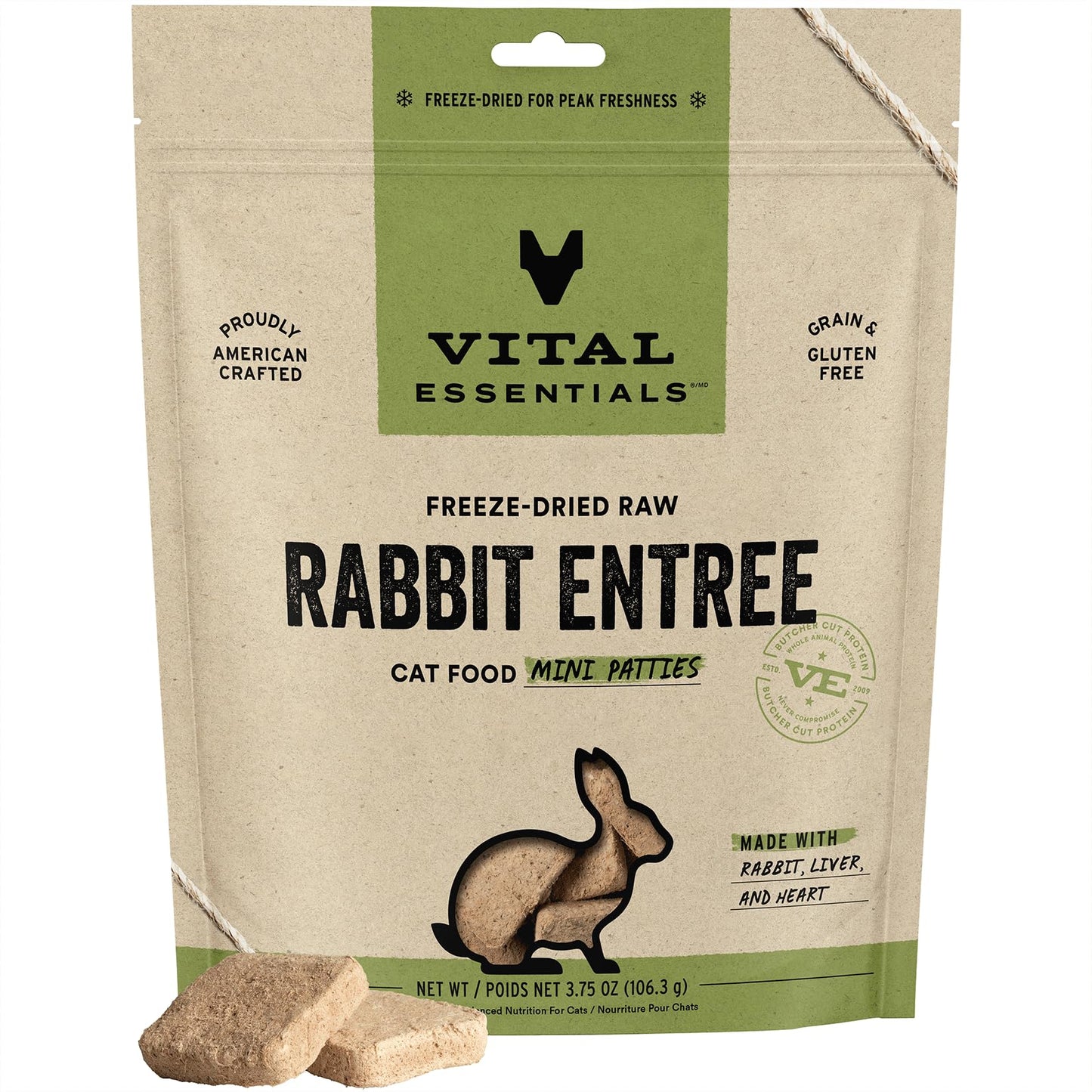 Vital Essentials Freeze Dried Raw Cat Food, Rabbit Mini Patties Entree, 3.75 oz