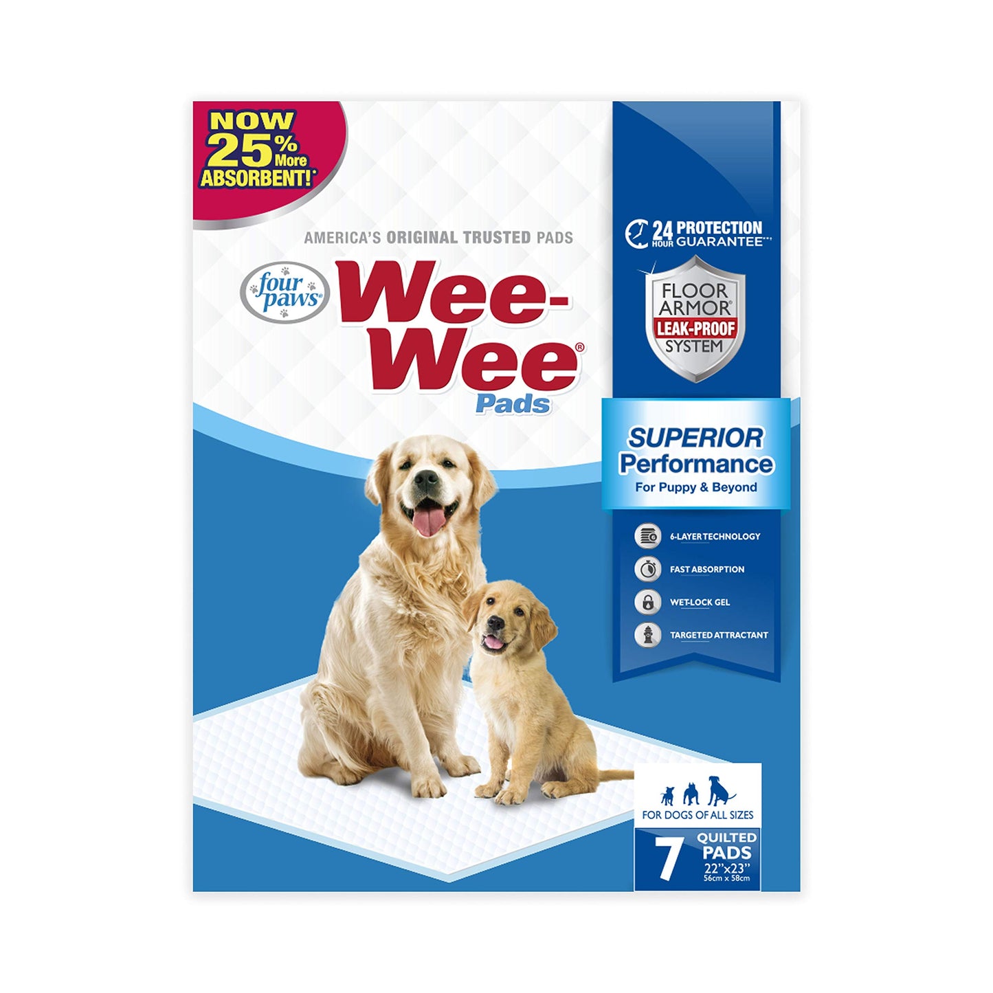 Four Paws Wee-Wee Superior Performance Pee Pads for Dogs of All Sizes, Leak-Proof Floor Protection Dog & Puppy Quilted Potty Training Pads, Unscented, 22" x 23" (7 Count)