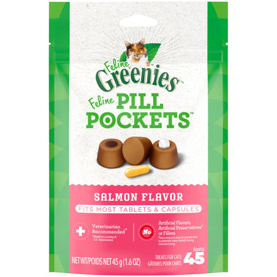 FELINE GREENIES PILL POCKETS for Cats Natural Soft Cat Treats, Salmon Flavor, 1.6 oz. Pack (45 Treats)