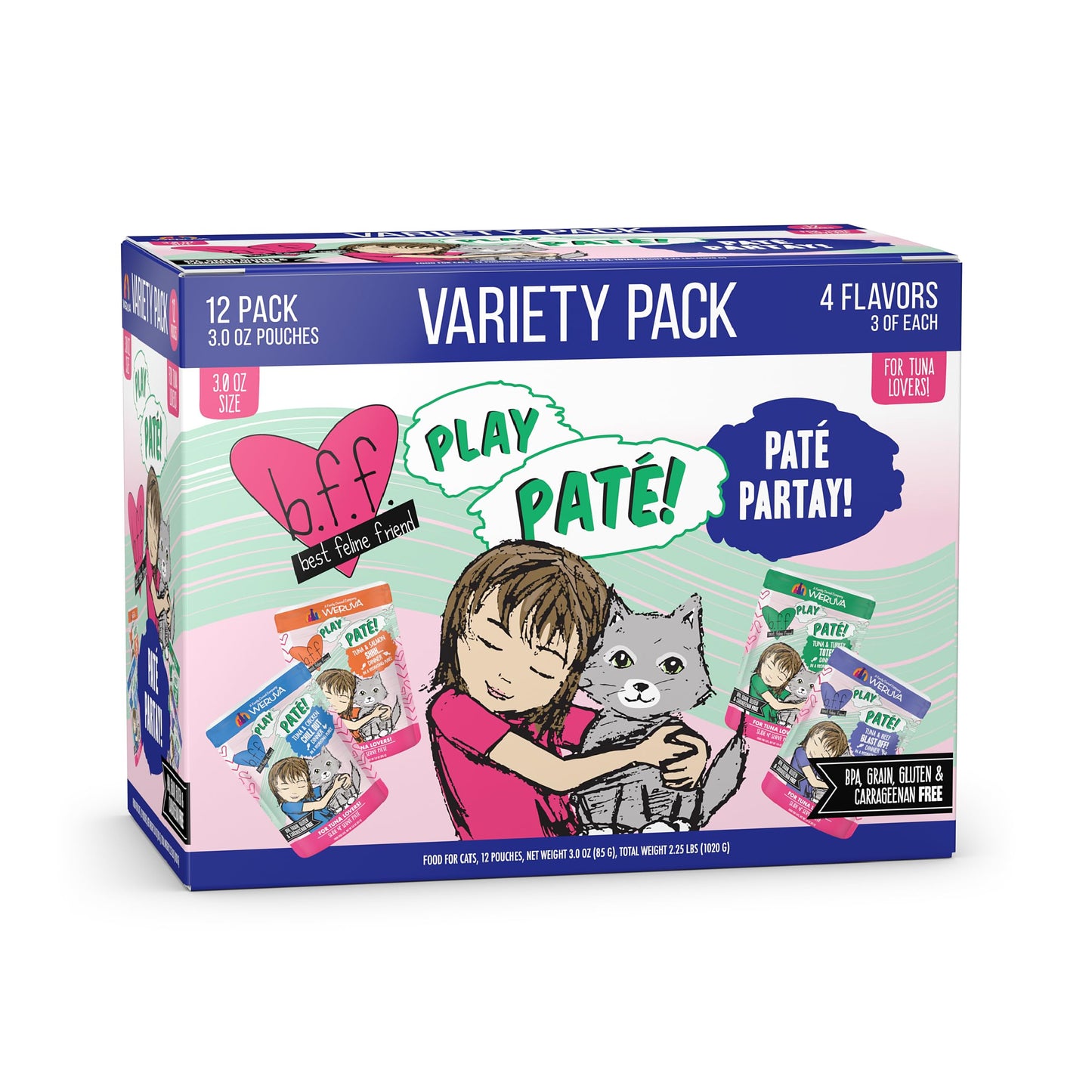 Weruva B.F.F. Play - Best Feline Friend PatÃ© Lovers, Aw Yeah!, PatÃ© Partay! Variety Pack, 3oz Pouch (Pack of 12)