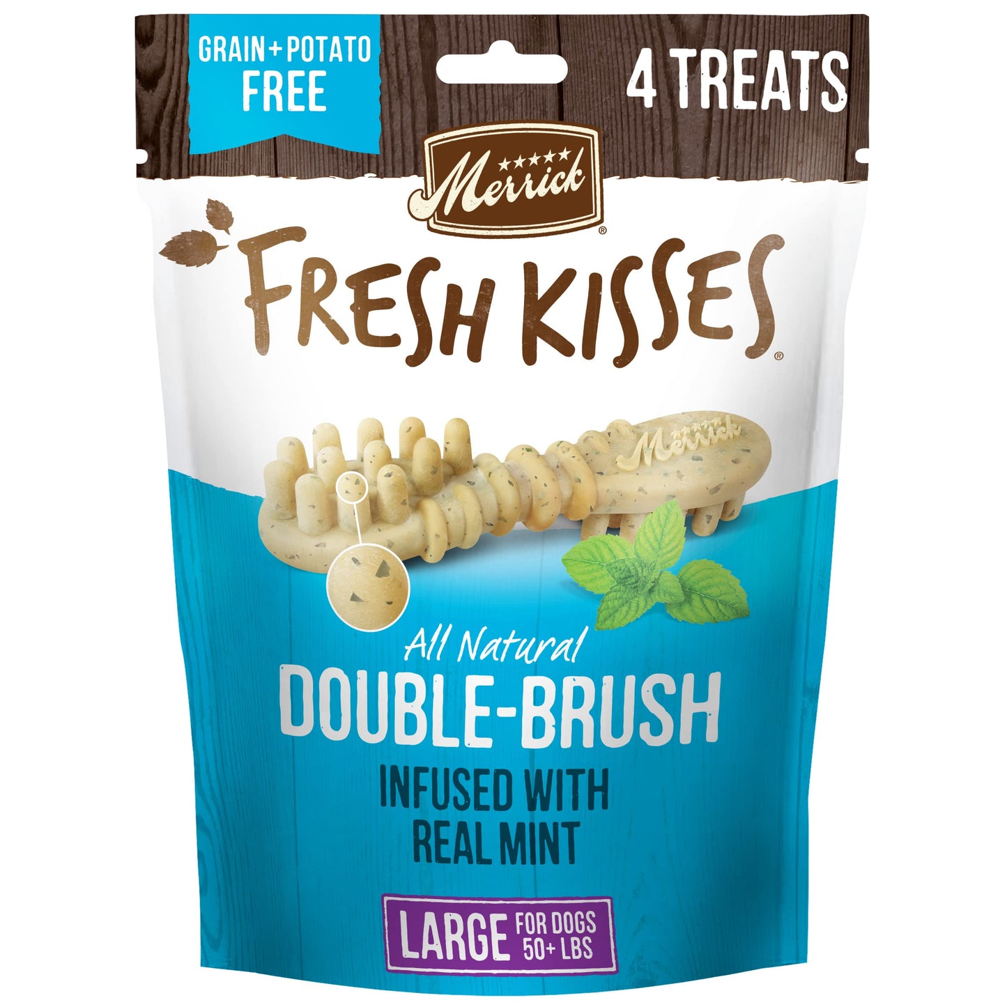 Merrick Fresh Kisses Natural Dental Chews, Toothbrush Shape Treat Infused With Real Mint, For Large Dogs - 4 ct. Bag